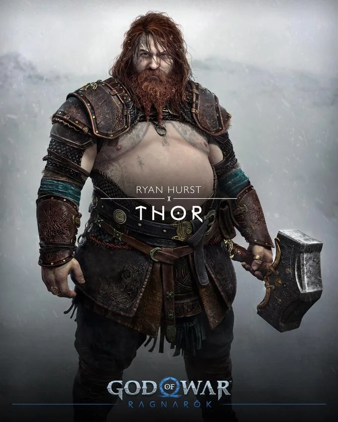 Thor God Of War Ragnarok — Official promotional art of God of War Ragnarok Thor as stocky barrel-chested Viking warrior with red hair.