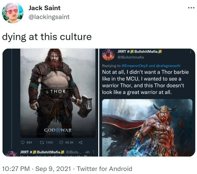 Thor God Of War Ragnarok — Twitter screenshot comparing GoW Thor to traditionally muscular design with cultural commentary.