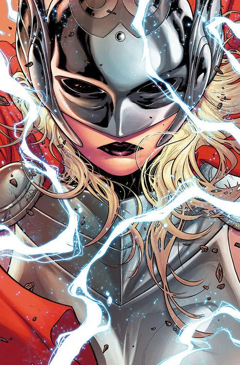 Comic art of Jane Foster as female Thor with helmet and lightning