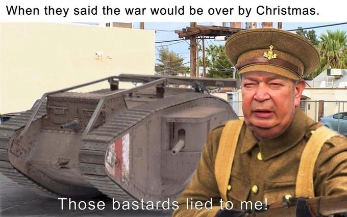 Those Bastards Lied To Me — Creative photoshop with Old Man Harrison in WWI British uniform by tank.