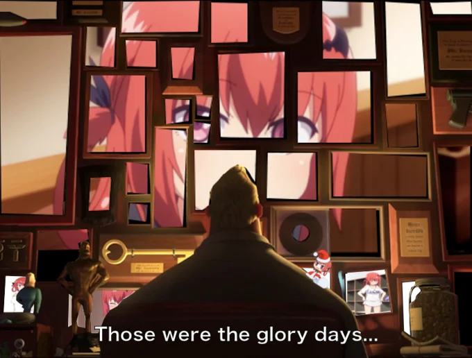 Those Were the Glory Days — Glory days meme with pink-haired anime girl replacing wall memorabilia