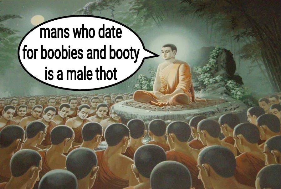 Buddha teaching monks with speech bubble defining a male thot