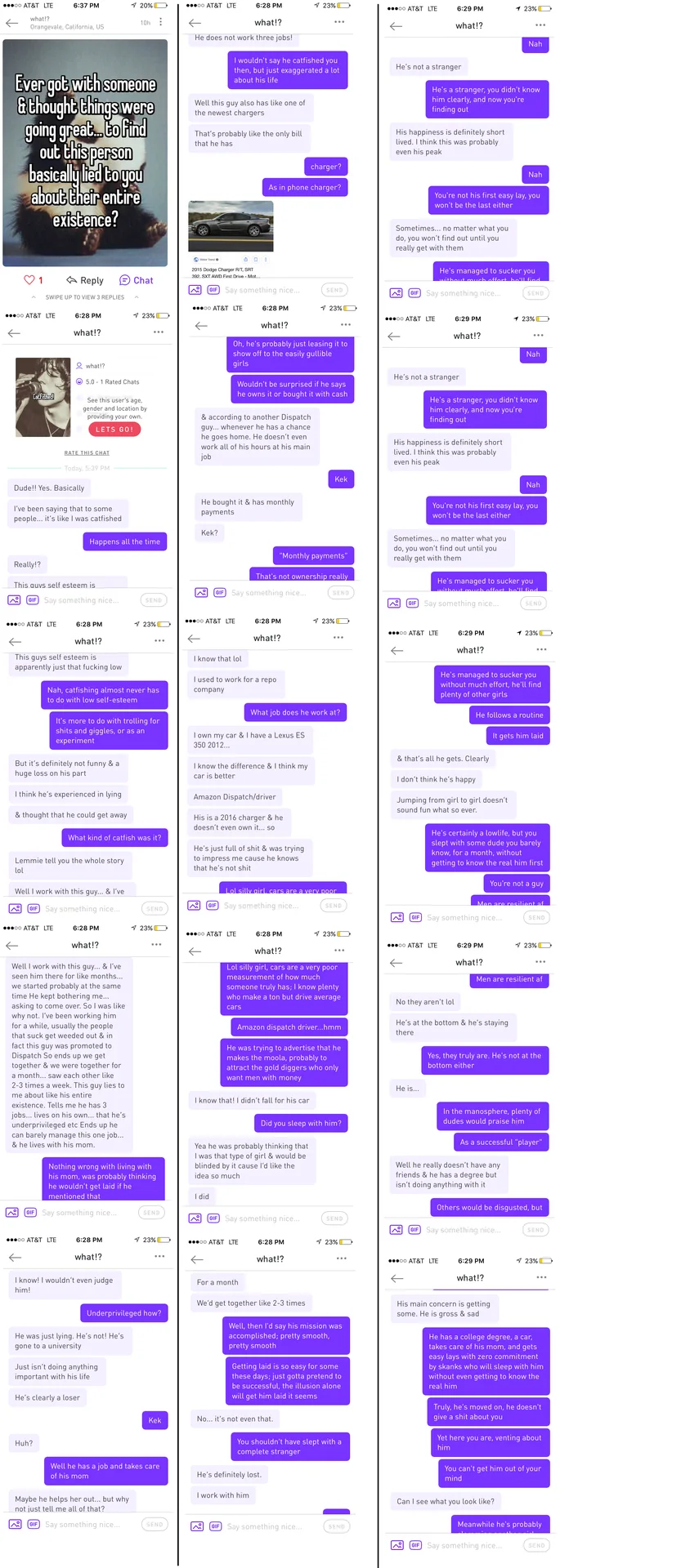 Thot — Long chat screenshot collage discussing a catfishing experience