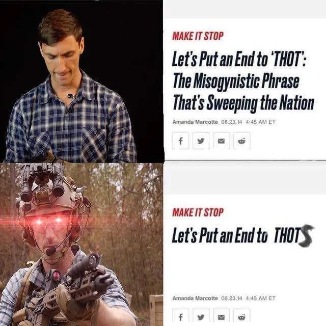 Two panel meme contrasting reactions to an anti-thot article headline
