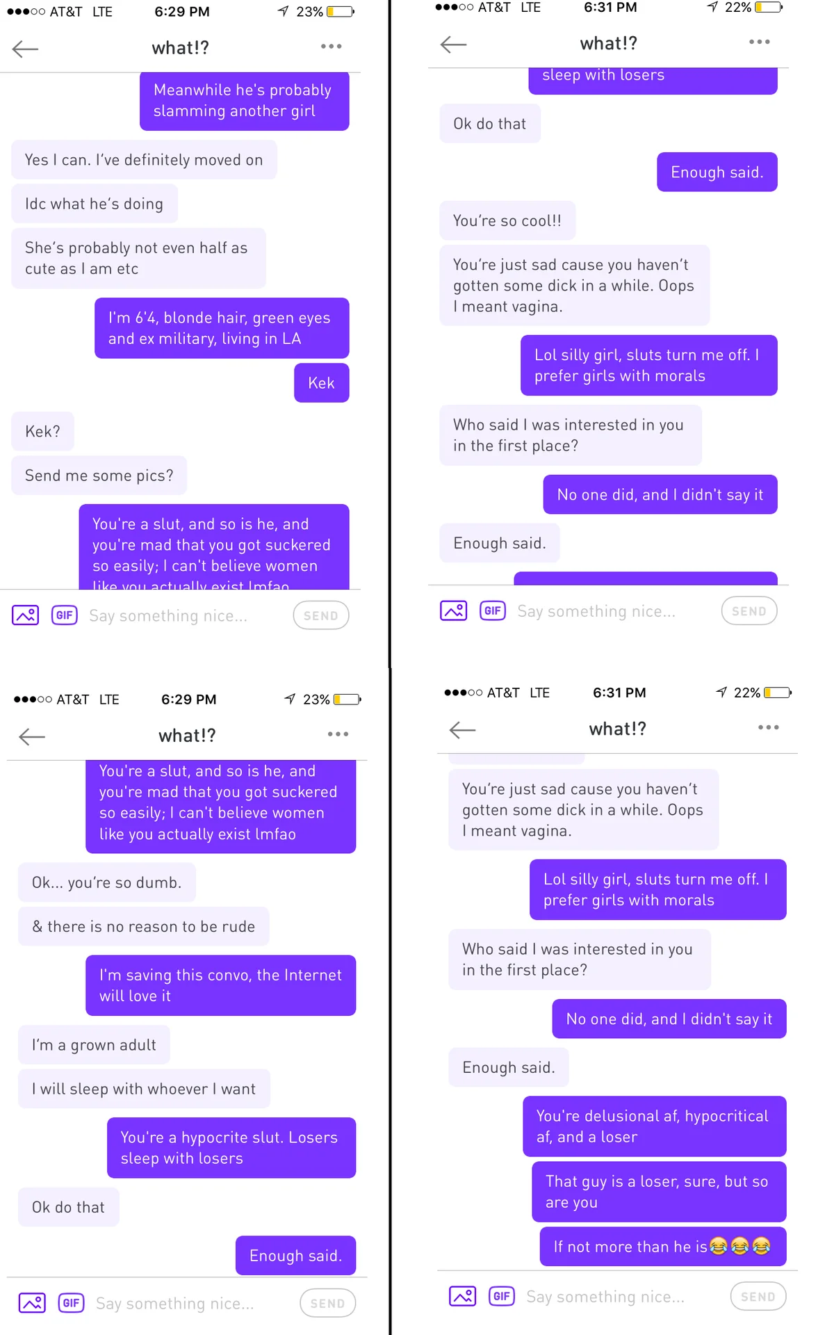 Chat screenshots showing an argument with accusations of being a thot