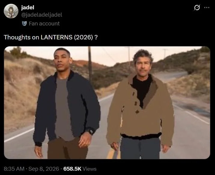 Tweet asking 'Thoughts on LANTERNS (2026)?' with the promotional still crudely edited in black.