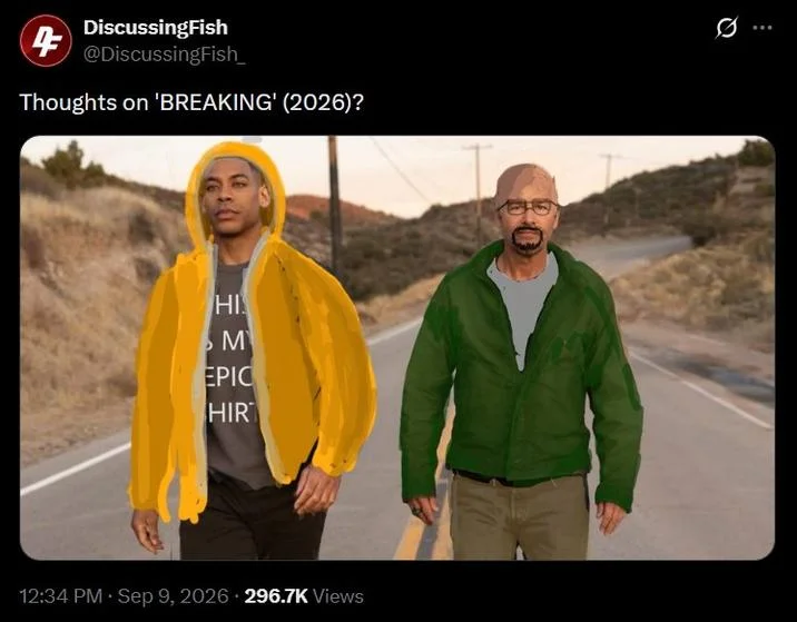 Thoughts On Lanterns — Tweet asking 'Thoughts on BREAKING (2026)?' showing the Lanterns duo edited as Jesse Pinkman and Walter White.