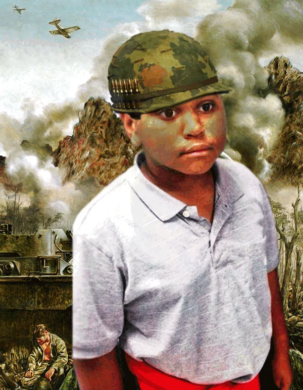 Thousand Yard Stare — Meme edit placing a young child's face onto the Tom Lea thousand-yard stare marine painting.