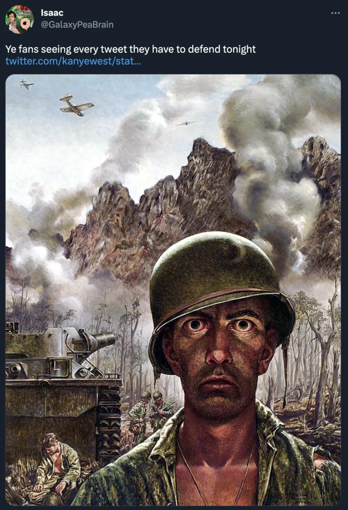 Thousand Yard Stare — Twitter screenshot using the thousand-yard stare painting to depict Kanye West fans reacting to tweets.