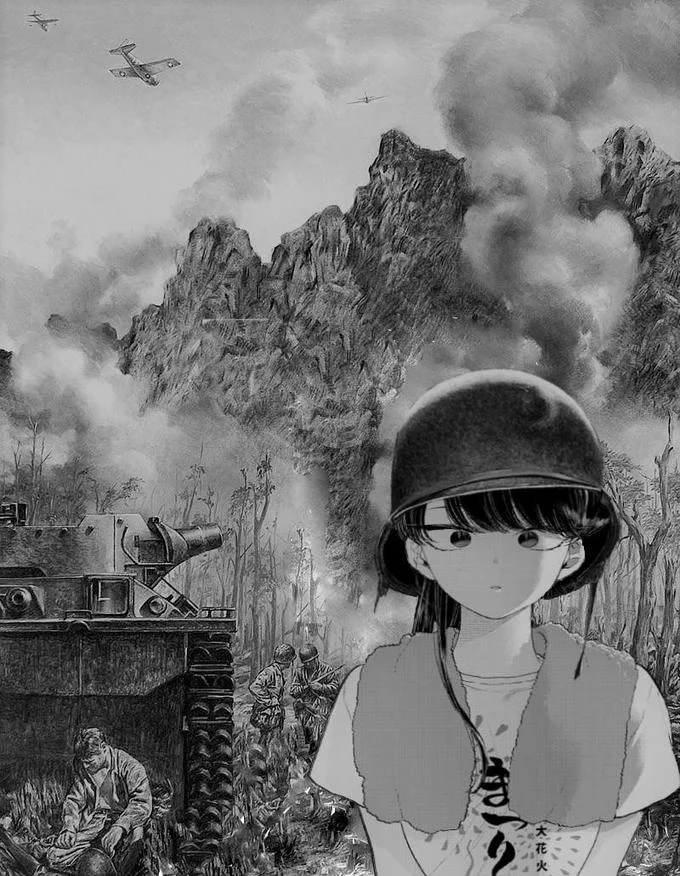 Thousand Yard Stare — Black and white manga edit of Komi-san wearing a helmet in the thousand-yard stare composition.