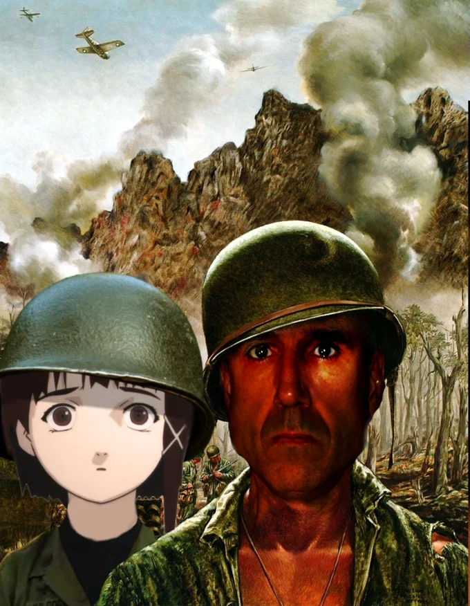 Thousand Yard Stare — Serial Experiments Lain character Lain wearing a helmet next to the thousand-yard stare marine.
