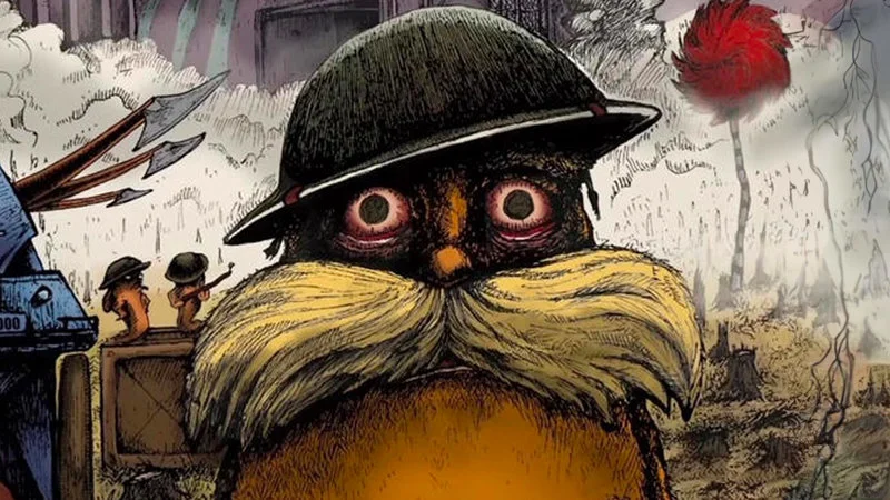 Thousand Yard Stare — The Lorax wearing a soldier's helmet with wide bloodshot eyes on a battlefield.