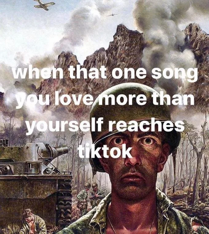 Thousand Yard Stare — Thousand-yard stare painting with white caption text about a song reaching TikTok.