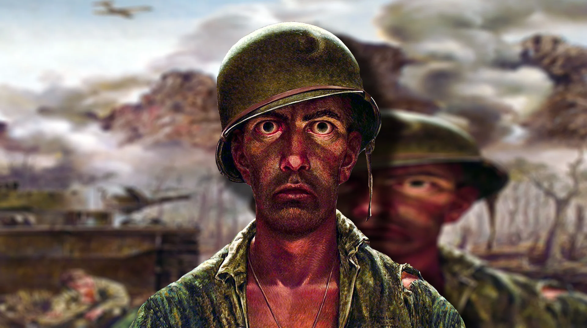 Thousand Yard Stare — Painting of a WWII marine with hollow, vacant eyes and a blank expression beneath a green helmet, standing in front of a smoky