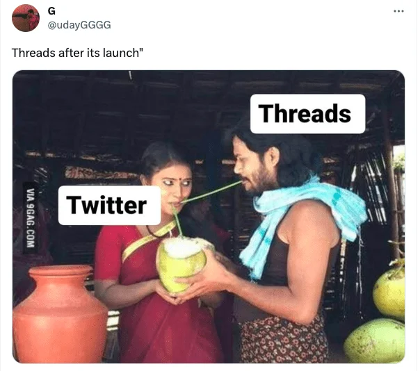 Threads Launch — Meme showing golden fruit transfer between Threads and Twitter platforms representing adoption.