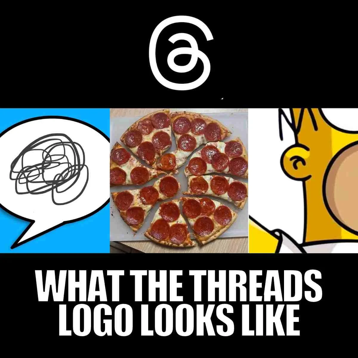 Threads Launch — Meme grid comparing Threads app icon to unrelated images including scribbles and characters.