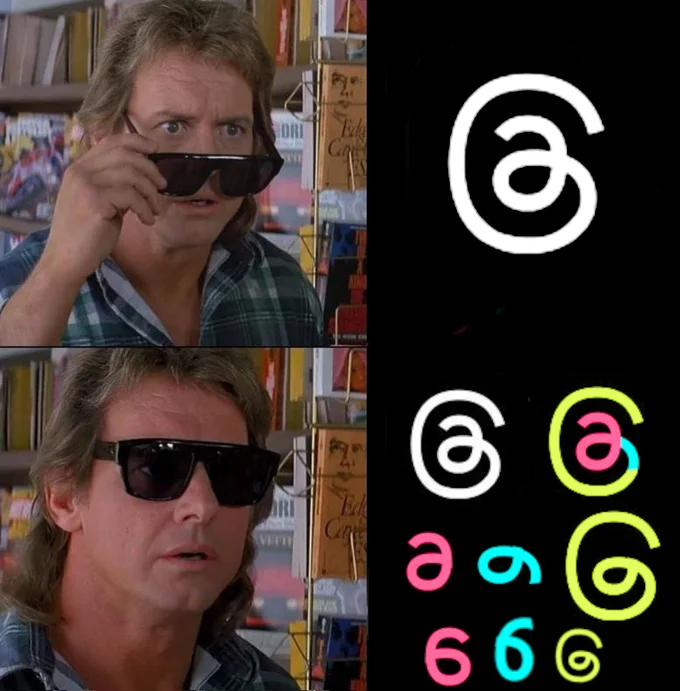 Threads Launch — They Live format comparing Threads logo to numerical interpretations with sunglasses.