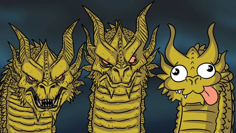 Three-Headed Dragon — Cartoon illustration of a three-headed golden dragon with two fierce heads and one goofy head sticking out its tongue.