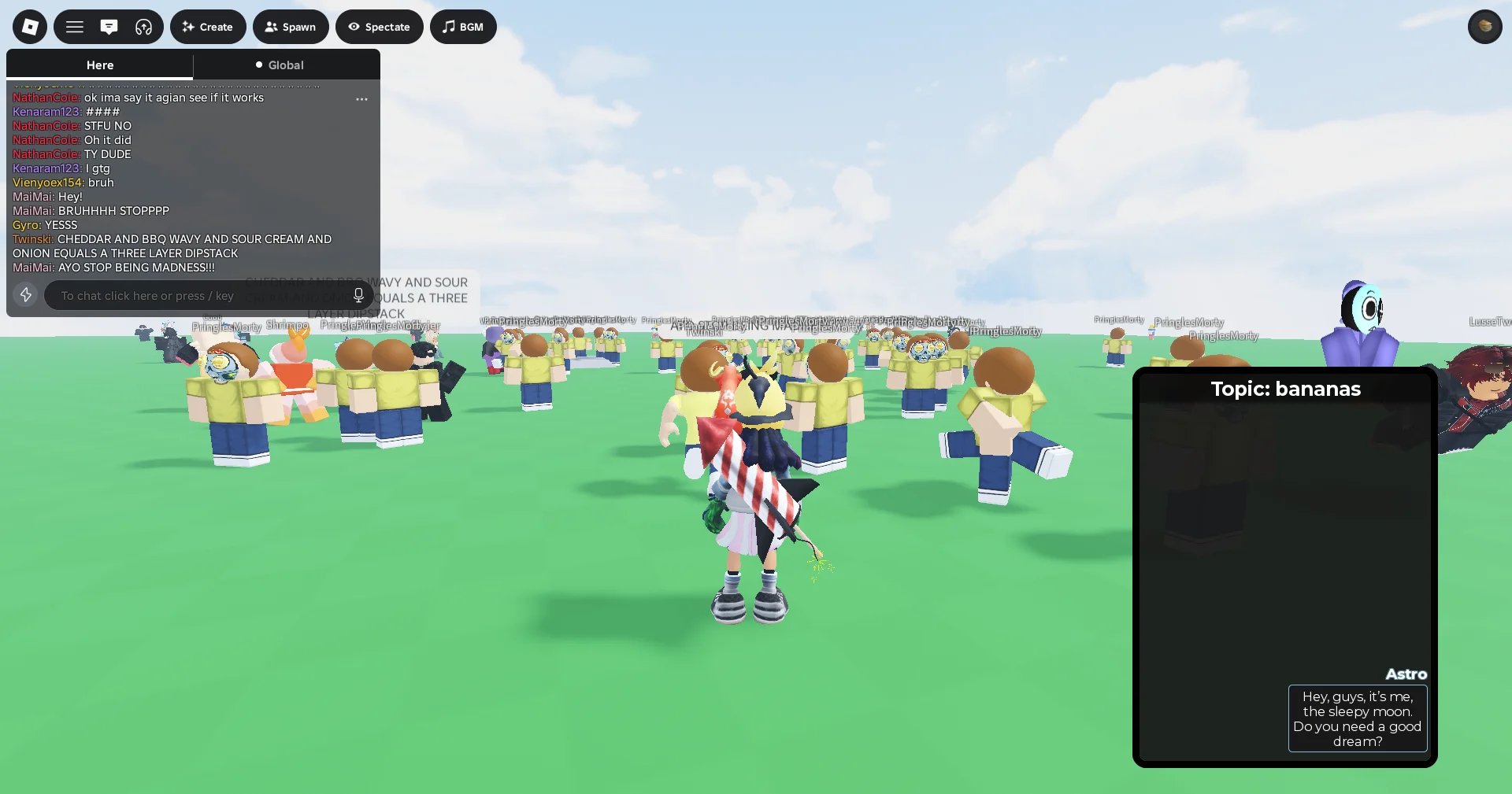 Three Layer Dip Stack — Roblox screenshot with a crowd of Pringles Morty avatars and chat message reciting the three-layer dip stack formula