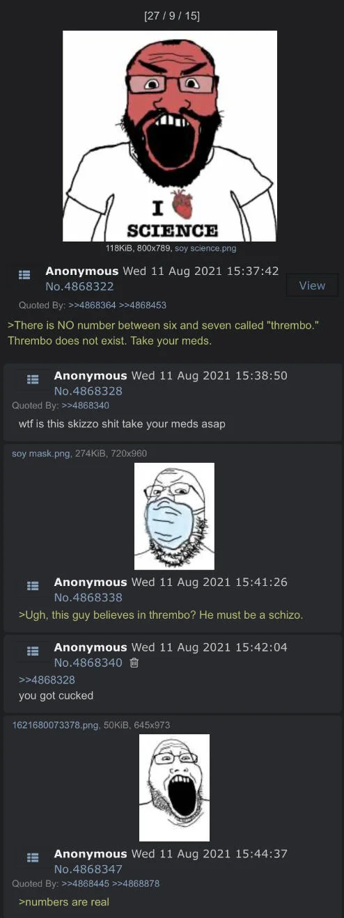 4chan thread screenshot discussing thrembo with soyjak reaction images.
