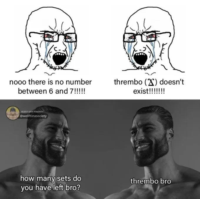 Soyjak vs Gigachad meme about thrembo and gym sets.