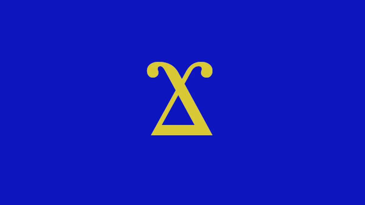 Yellow stylized thrembo numeral glyph on a blue background.