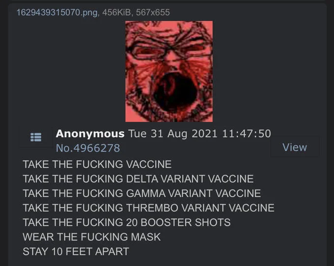 Red angry soyjak with text listing vaccine demands including 'thrembo variant vaccine'.