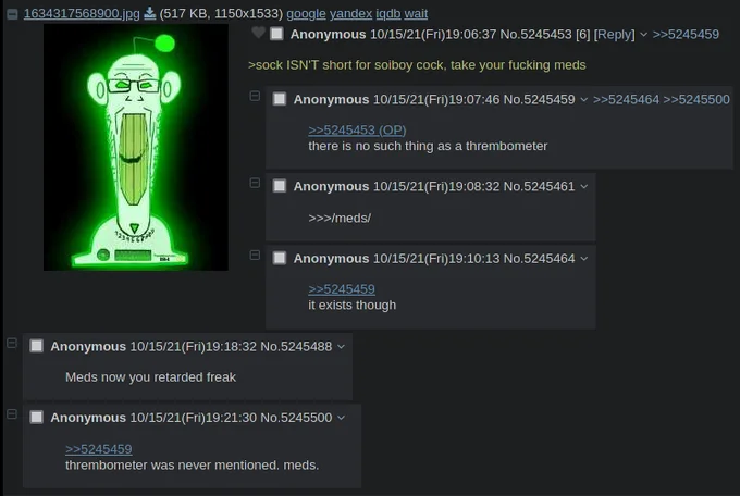 Glowing green thrembometer soyjak image in a 4chan thread about thrembo.
