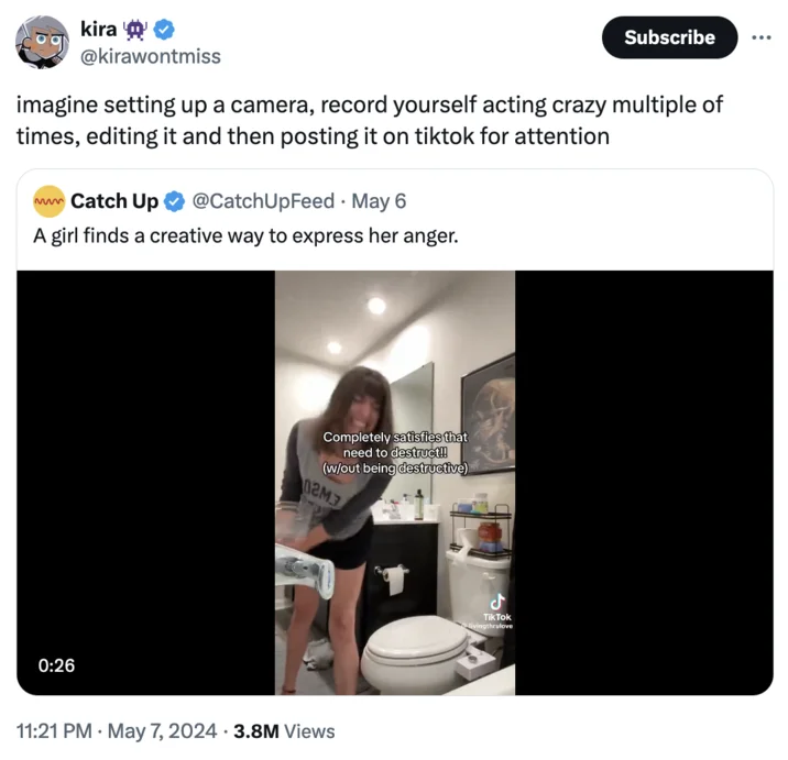 Throwing Ice In Bathtub Therapy Trend — Twitter post screenshot criticizing the TikTok ice-throwing therapy trend as attention-seeking