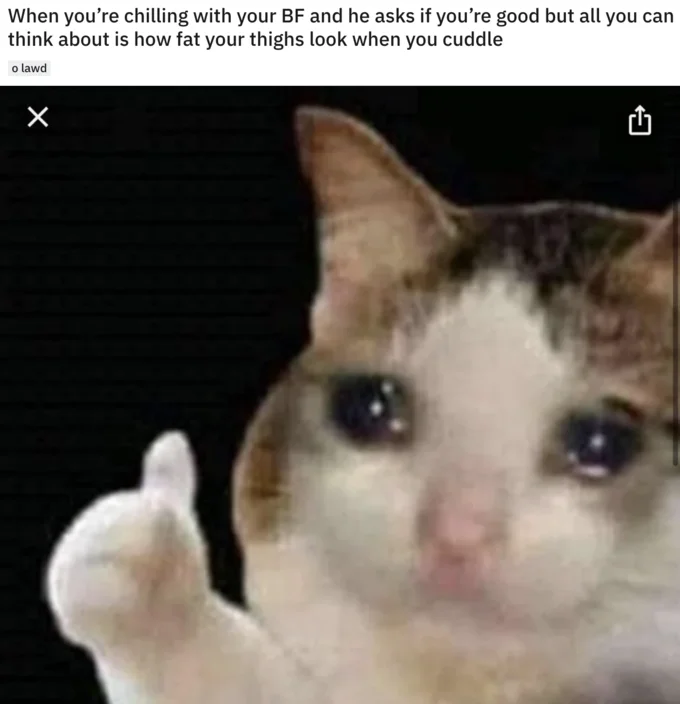 Thumbs Up Crying Cat — Meme text about self-conscious thoughts while cuddling paired with the crying thumbs up cat