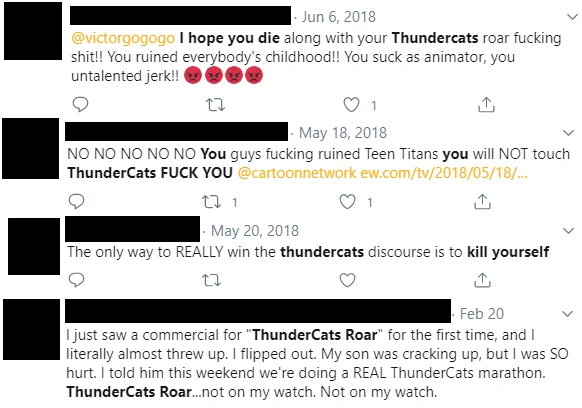 Collage of redacted angry tweets denouncing the ThunderCats Roar reboot.