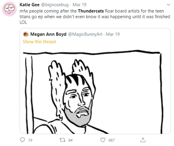 Tweet by Katie Gee discussing people harassing ThunderCats Roar board artists.