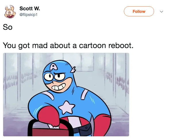 Tweet with a ThunderCats Roar-styled Captain America mocking people upset about the reboot.