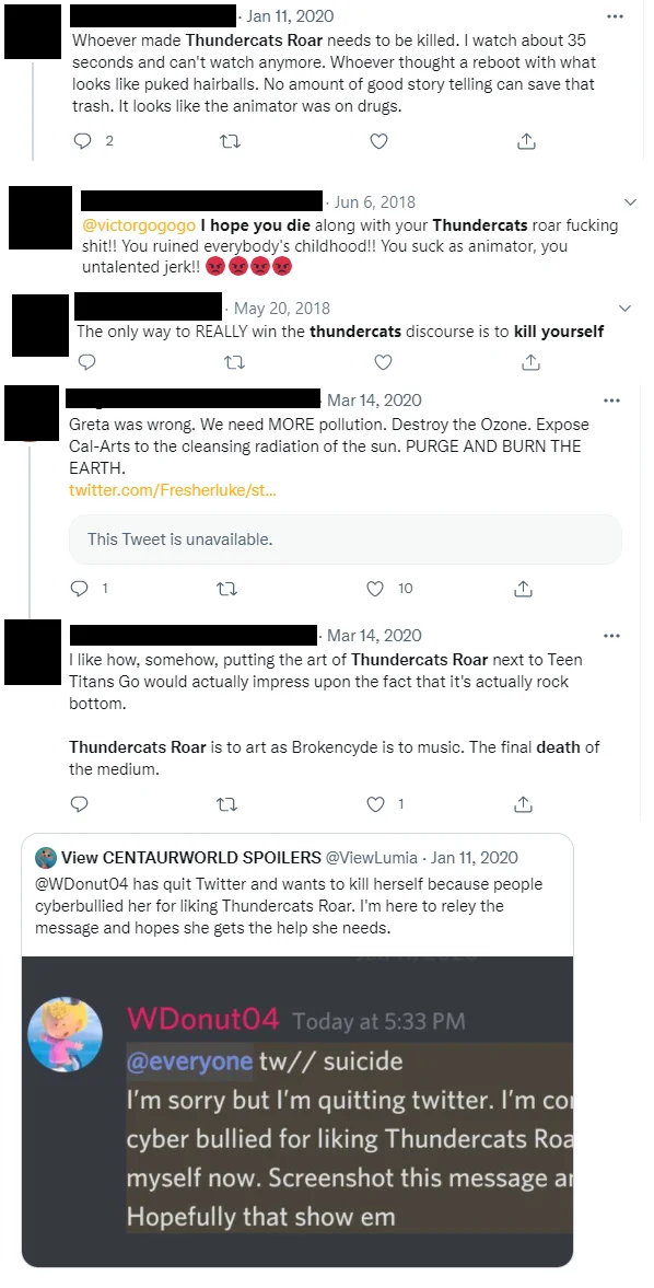 Collage of redacted hostile tweets attacking ThunderCats Roar and its creators.
