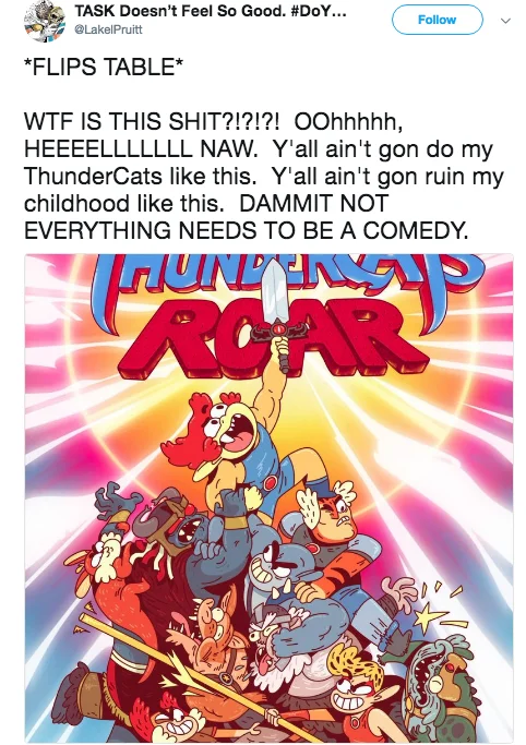 Tweet from LakelPruitt angrily reacting to the ThunderCats Roar reboot poster.