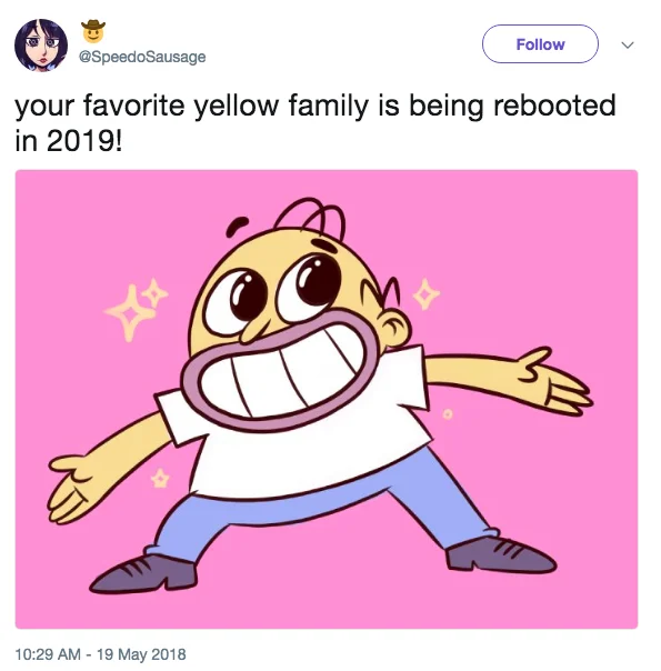 Tweet showing a Simpsons character redrawn in the ThunderCats Roar style with text about rebooting the yellow family.
