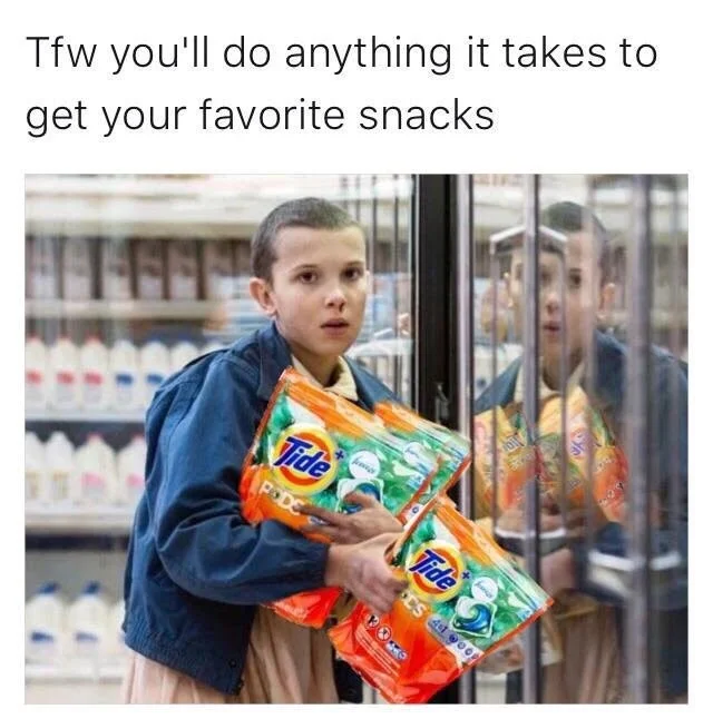 Tide Pod Challenge — Twitter screenshot of child with Tide boxes and favorite snacks caption.