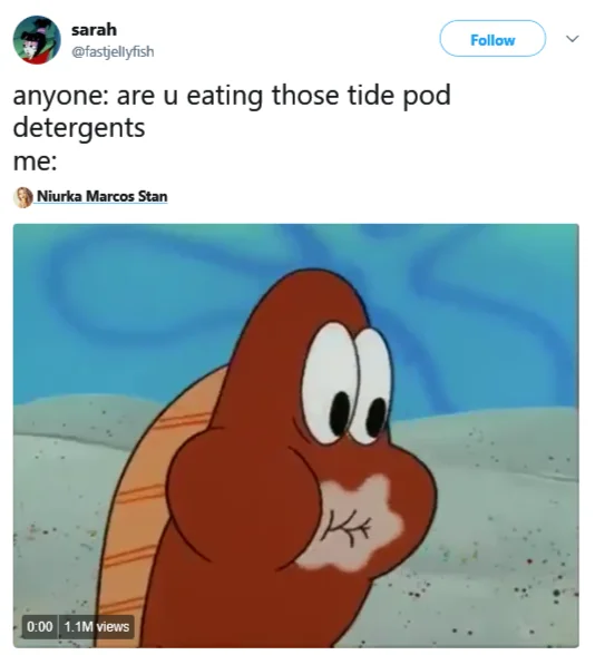 Tide Pod Challenge — Twitter joke post with SpongeBob SquarePants clip reaction format.
