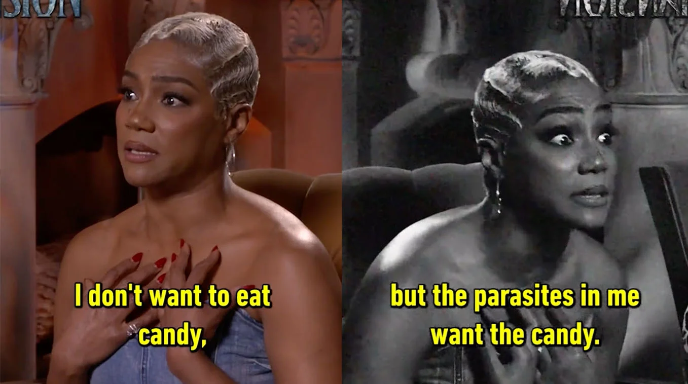 Tiffany Haddish "But The Parasites In Me Want The Candy" — Side-by-side interview screenshots of Tiffany Haddish with captions 'I don't want to eat candy, but