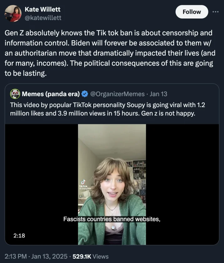 Twitter screenshot with political analysis of TikTok ban as censorship issue.