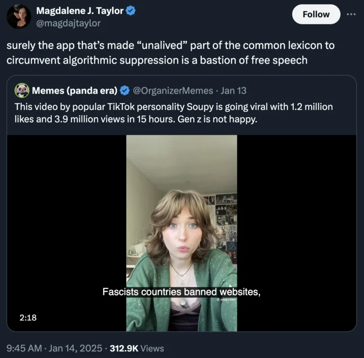TikTok Ban — Twitter screenshot by Magdalene J. Taylor discussing free speech implications.