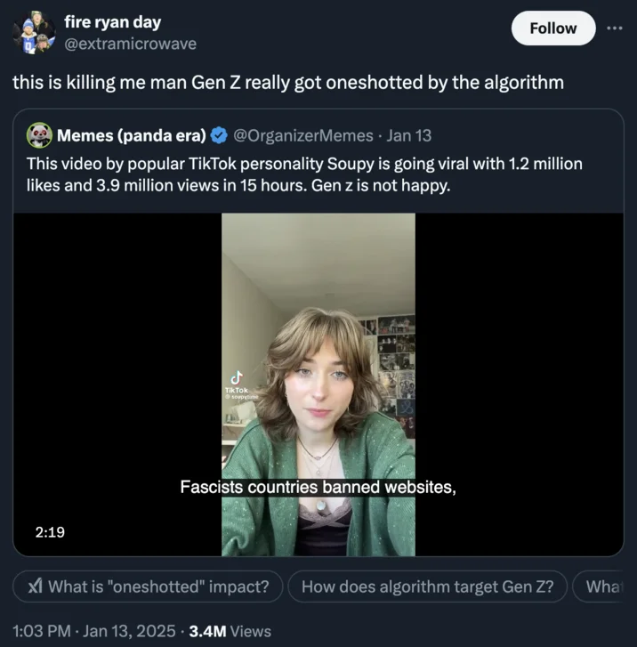 Twitter screenshot by fire ryan day discussing TikTok ban effect on Gen Z.