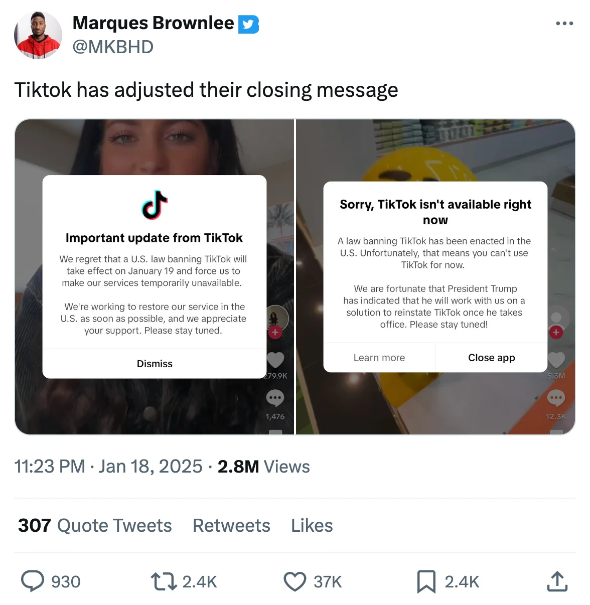 Twitter screenshot by Marques Brownlee comparing two TikTok ban notification messages.