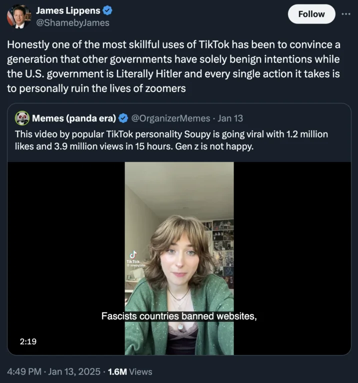 TikTok Ban — Twitter screenshot by James Lippens making political comparison about ban.