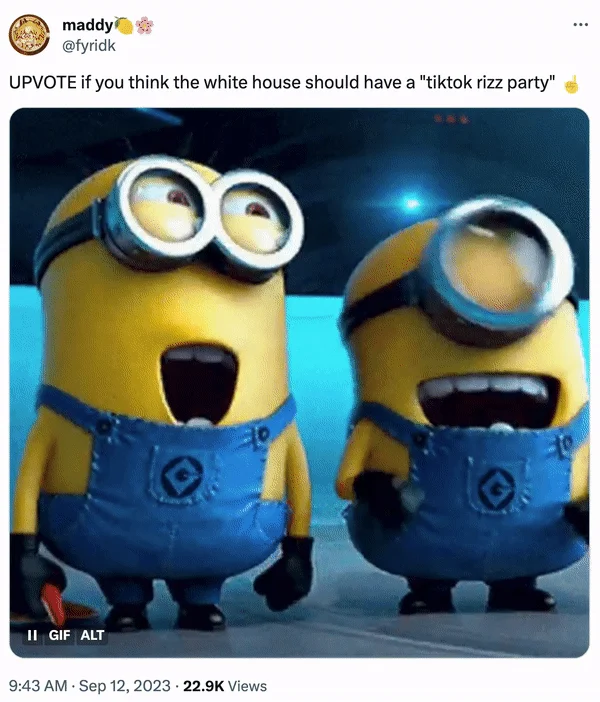 Twitter post with excited Minions GIF suggesting a White House TikTok Rizz Party