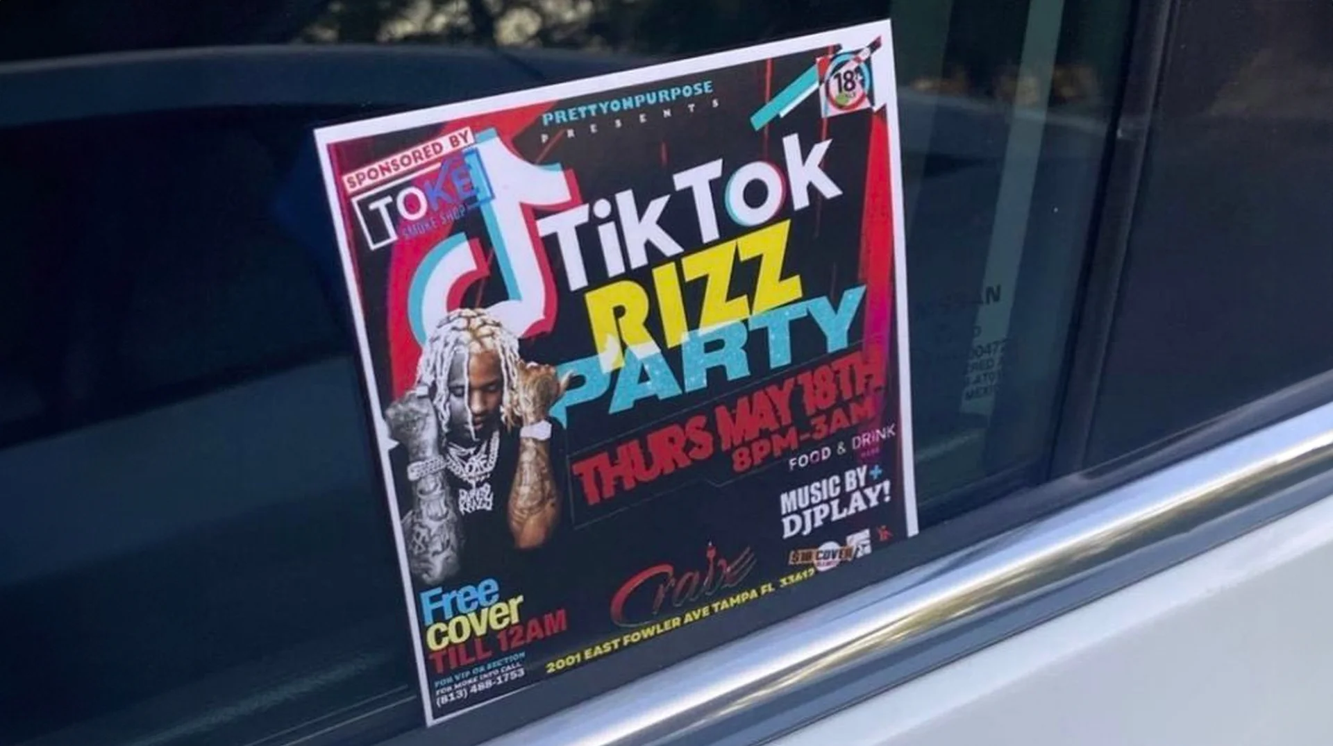 TikTok Rizz Party promotional flyer featuring Lil Durk taped to a car window