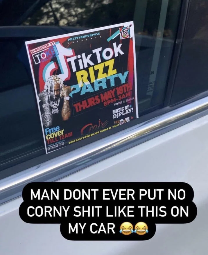 Social media reaction to TikTok Rizz Party flyer with caption calling it corny