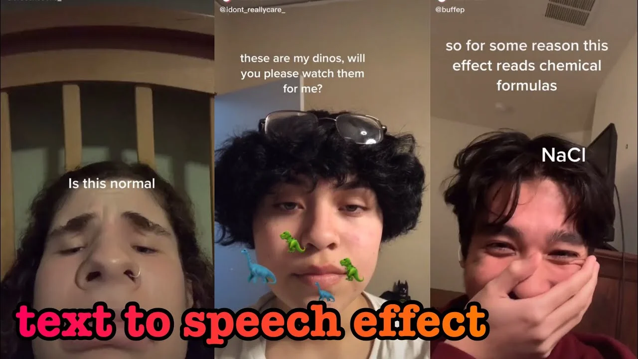 TikTok Text-to-Speech — Multi-panel TikTok meme with text-to-speech reading casual questions to chemical formulas.