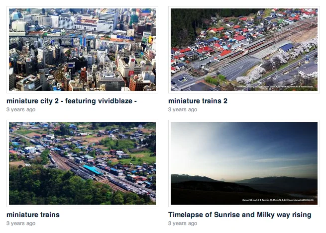 Tilt Shift Effect — Grid of four tilt-shift photos featuring miniature city, trains, and a sunrise timelapse