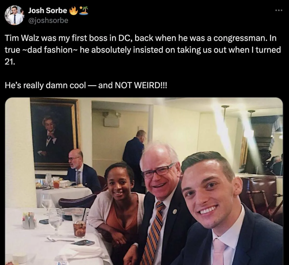 Tim Walz Dad Energy — Twitter screenshot about Tim Walz taking someone to dinner on 21st birthday as cool boss dad.